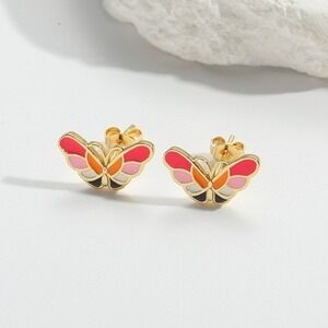 14K Gold Plated Butterfly Stud Earrings Multicolor Enamel Womens